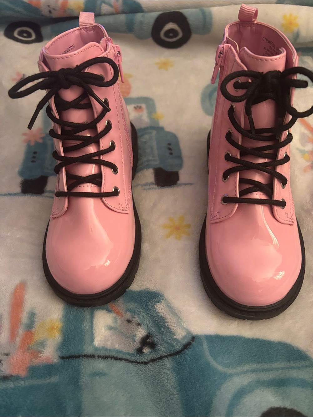 Wonder Nation Pink Patent Combat Boots with Black Laces